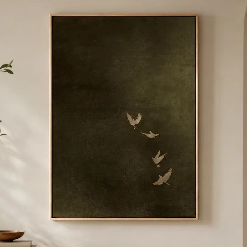 Olive Green Bird Canvas Art, D - Home Decor Minimal 评论和价格